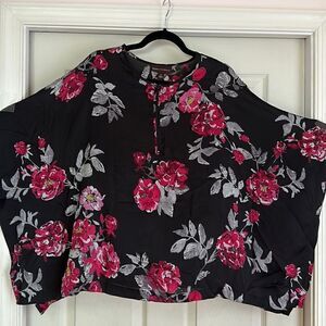 Dana Bachman Sheer Top Blouse Floral Batwing Sleeves Size L Black with Roses
